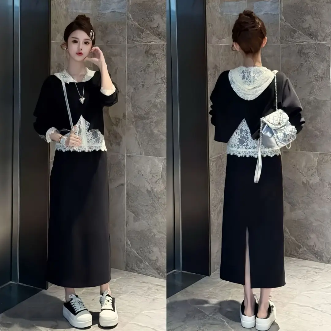 

Korean Sle Anti-Aging Faion Set Women's Spring ort Hoodie Lace irt f Skirt Tee-Piece Set Trendy Casual Loose Fit