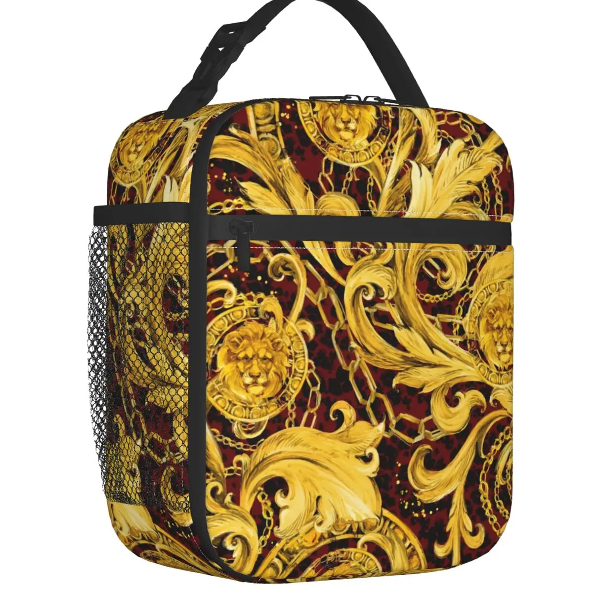 Golden Lion Baroque Print Insulated Lunch Bag Women Portable European Rococo Style Cooler Thermal Lunch Box Beach Camping Travel