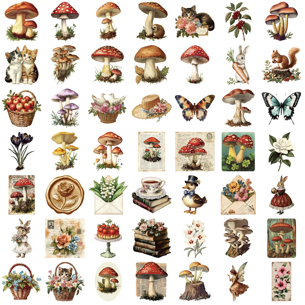 50Pcs Retro Mushroom Graffiti Stickers Handmade Account DIY Luggage Notebook Motorcycle PET Waterproof Stickers