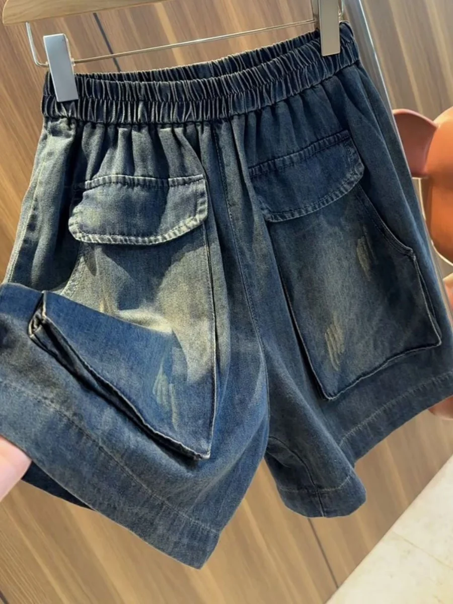 

Женские джинсовые шорты больших размеров с высокой талией, свободного кроя, в американском ретро-стиле, с широкими штанинами, летние, на эластичной резинке, повседневные, для работы