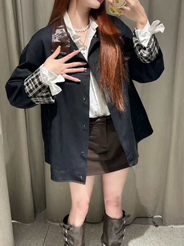 

Retro American Workwear Sle Loose Splice Color Blo Collar Jaet Women's Casual Faion Polyester Fiber Long Sve Coat