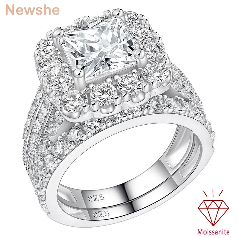 Newshe Women's Moissanite Wedding Rings Set GRA Certified D Color VVS1 Princess Cut Engagement Ring White Gold Plated