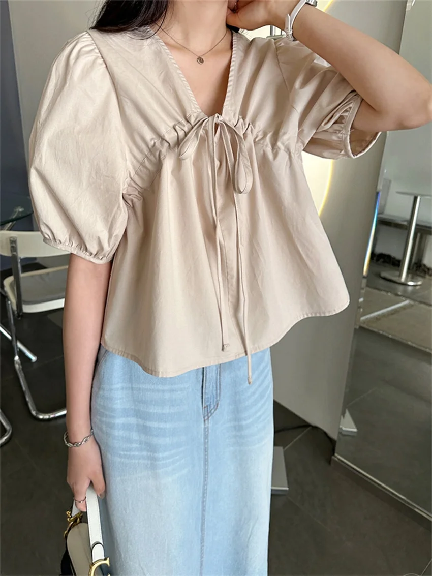 

Alien Kitty Chic Summer V-Neck Blouses Loose Women Daily Sweet Short Sleeve Gentle Fashion Casual All Match Office Lady New