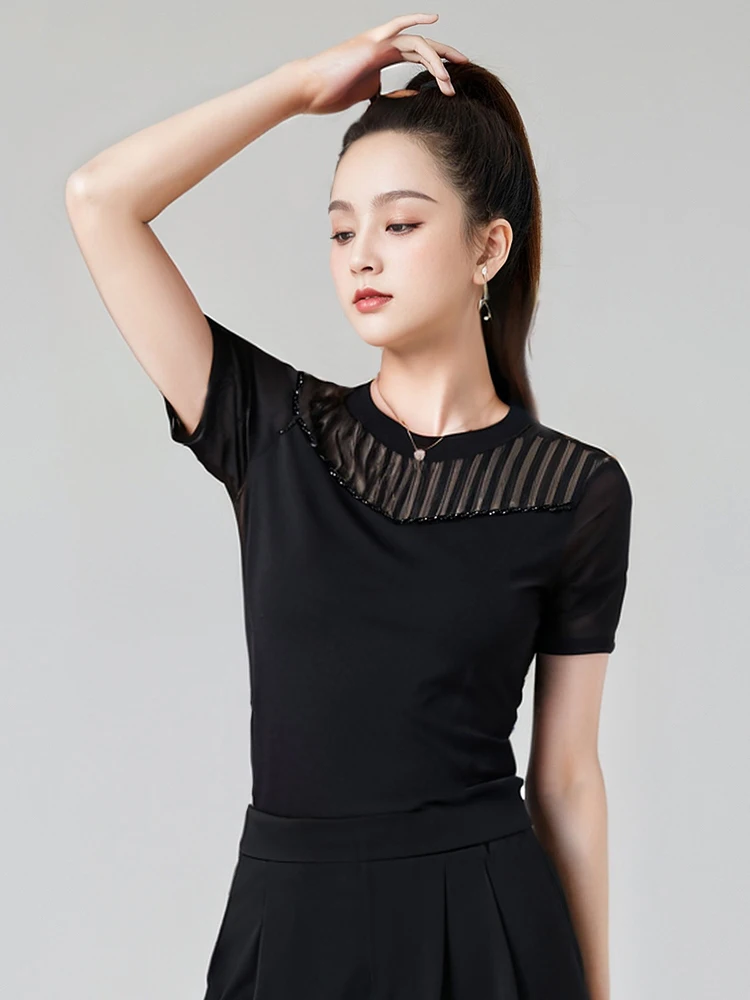 여성 볼룸 댄스 연습 탑 블랙 반팔 살사 라틴 댄스 탑 여성 블랙 모던 댄스 의상 DW10803