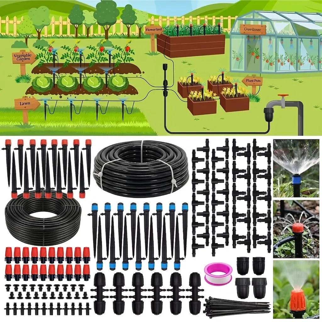 Automatic Drip Irrigation Kit 240FT with 1/2 inch Hose 1/4 inch Distribution Tubing and Accessories for Efficient Garden