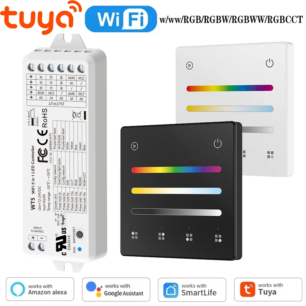 

Светодиодный контроллер Tuya Wi-Fi WT5 5в1 RGBCCT Контроллер светодиодной ленты 4 сцены 4-зонная сенсорная панель RF 2,4G Пульт дистанционного управления для Alexa Google