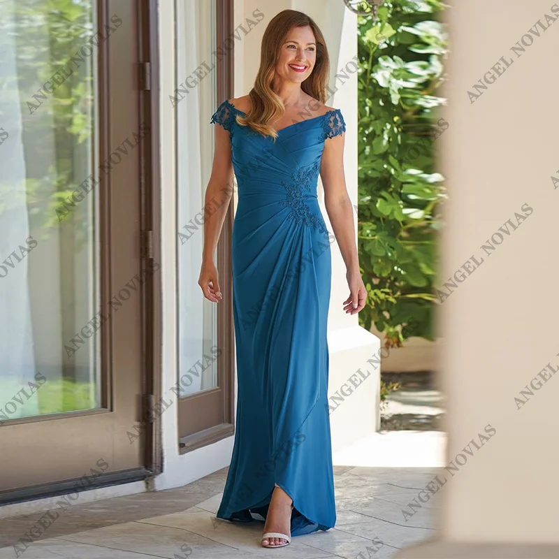 ที่กําหนดเองยาว Sheath สีฟ้าชุดเจ้าสาวปิดชุดราตรีไหล่ Vestido Para Madre De La Novia 2024