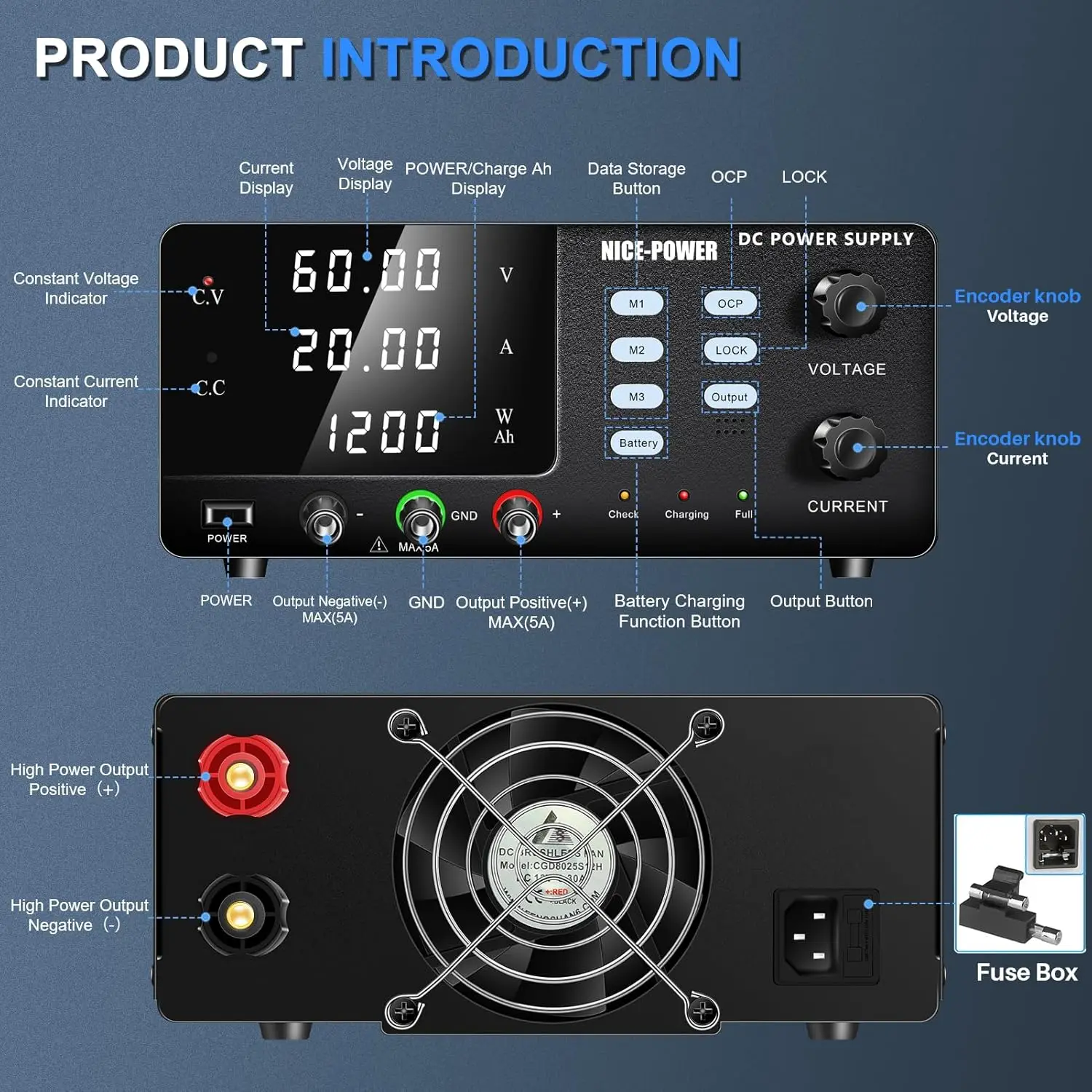 Nice-Power Dc Power Supply Variable, 60V 20A 1200W High Power Bench Power Supply For Battery Charging, Adjustable Switching