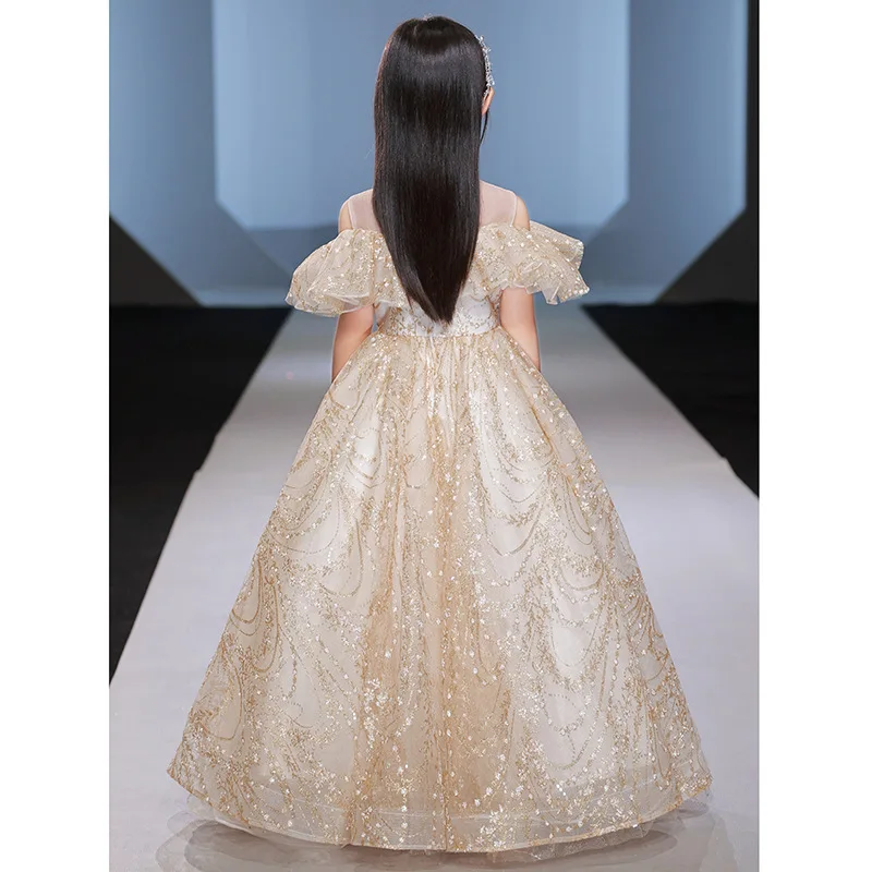 Elegant Champagne  Tulle Flower Girl Dress for Wedding Sequin Appliques Kids Party Prom Dress First Communion Princess Vestidos