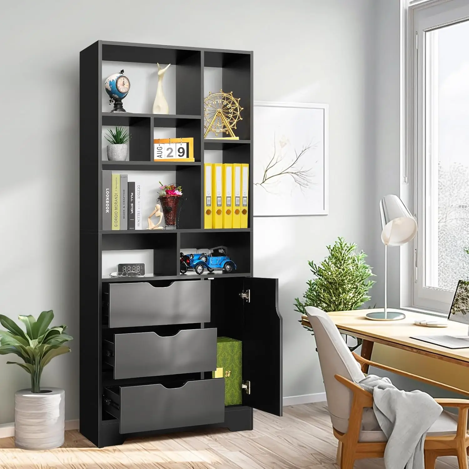 Black Bookshelf, 4 Tiers Open and 3 Drawers Wooden Book Shelf, 71