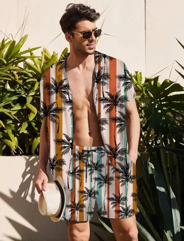 KYKU Mens Hawaiian Shirt and Short Set - Summer Short Sleeve Button Down Beach Shirts Tropical Vacation 2 Piece Outfits