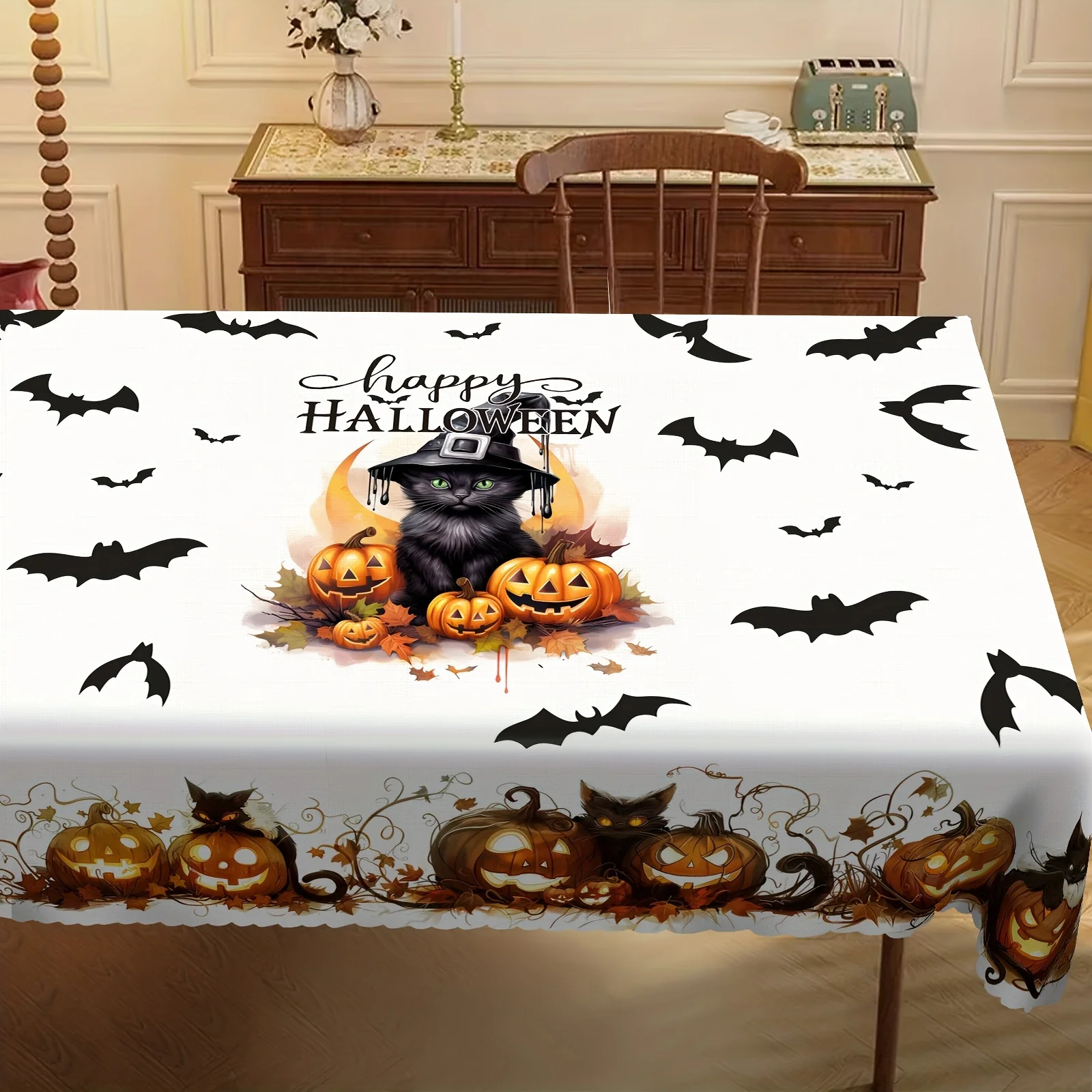One Christmas cat tablecloth, Halloween pumpkin bat round tablecloth, ghost face pumpkin tablecloth