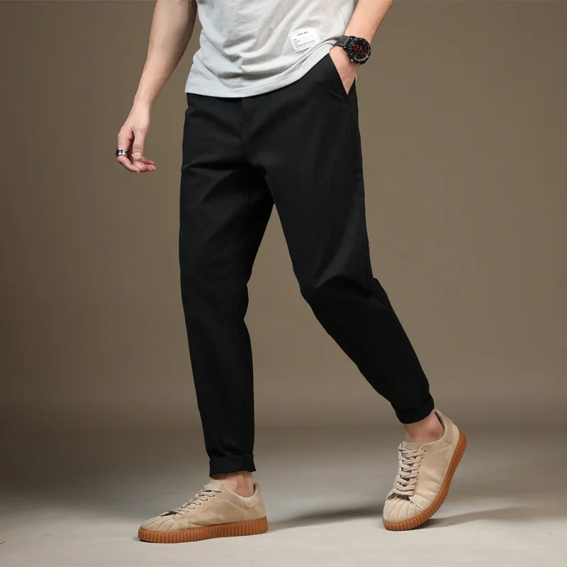 Mens Pants Pure Cotton Loose Pencil Stretch Male Elastic Black Khaki Blue Spring Autumn Boys Long Trousers Plus Size 44 46 48