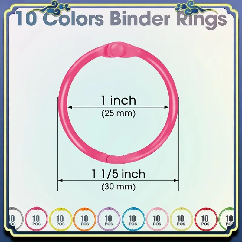 Portable 100PCS Binder Rings Set With 1 Clear Organizer Box - 1 1/5 Inch Colorful Metallic Loose Leaf Paper Rings Set Kit