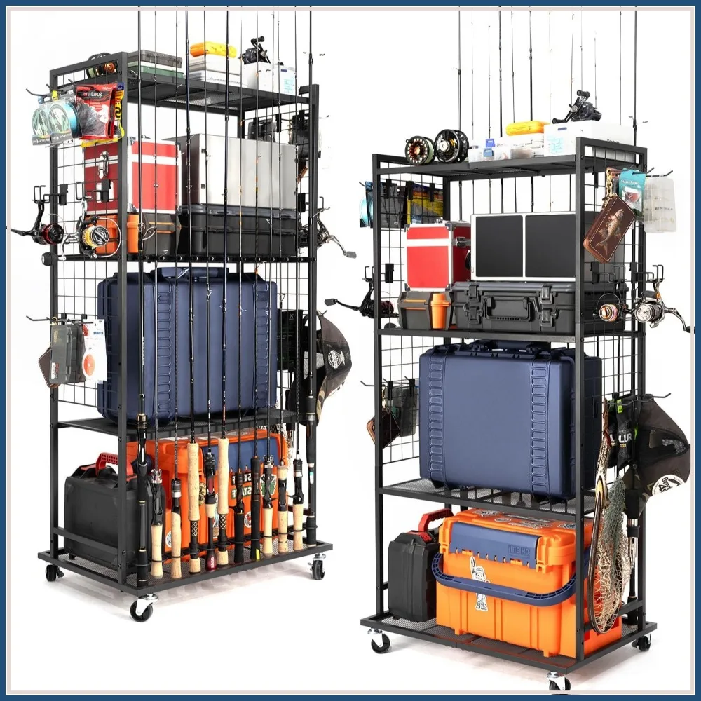 

4-Tier Adjustable Fishing Rod Holder with Lockable Wheels, Organizes Up to 12 Rods and Tackle Boxes for Garage Storage