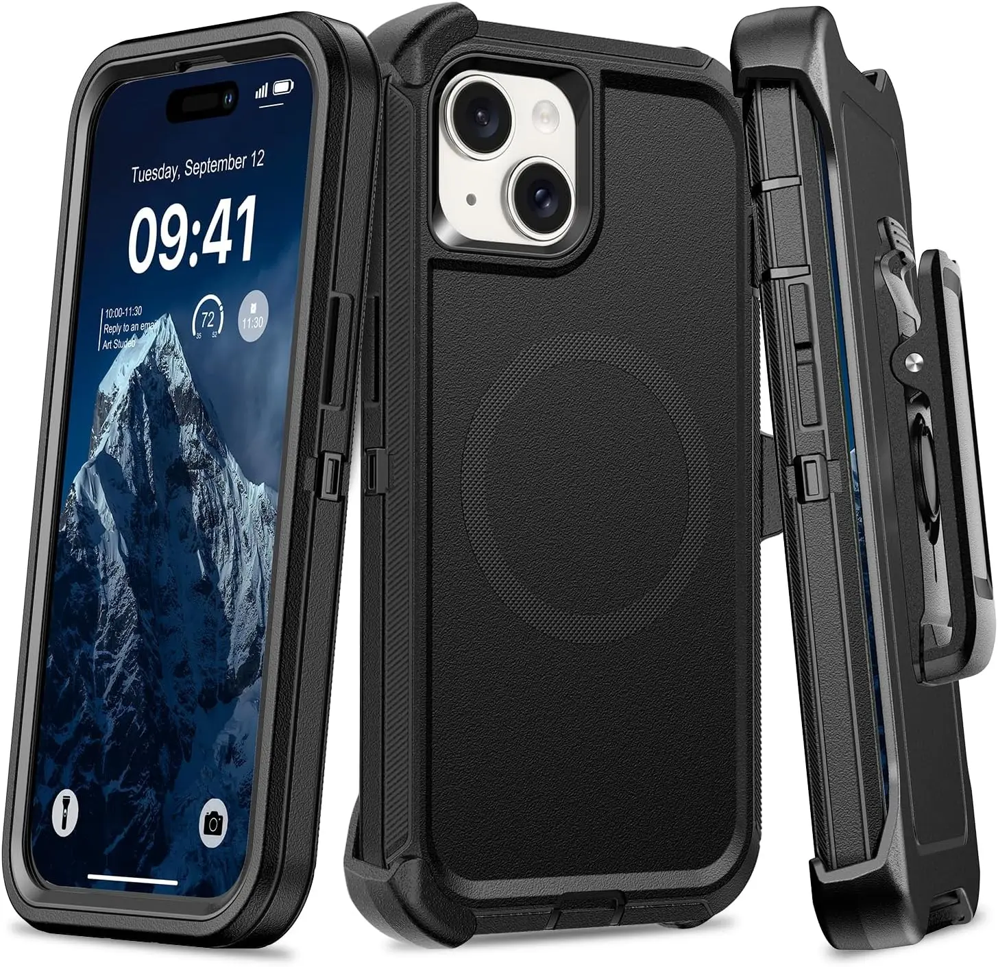 

Heavy Duty Magnetic Phone Case with Belt Clip Holster, Shockproof Cover for iPhone 13/14/15 6.1" in Dark Black