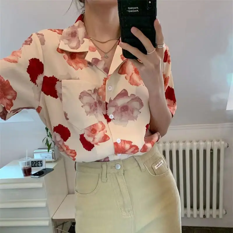 Summer New Women's Turn-down Collar Button Printed Tie Dye Spliced Pockets Fashion Prairie Chic Loose Half Sleeve Blouse Shirt