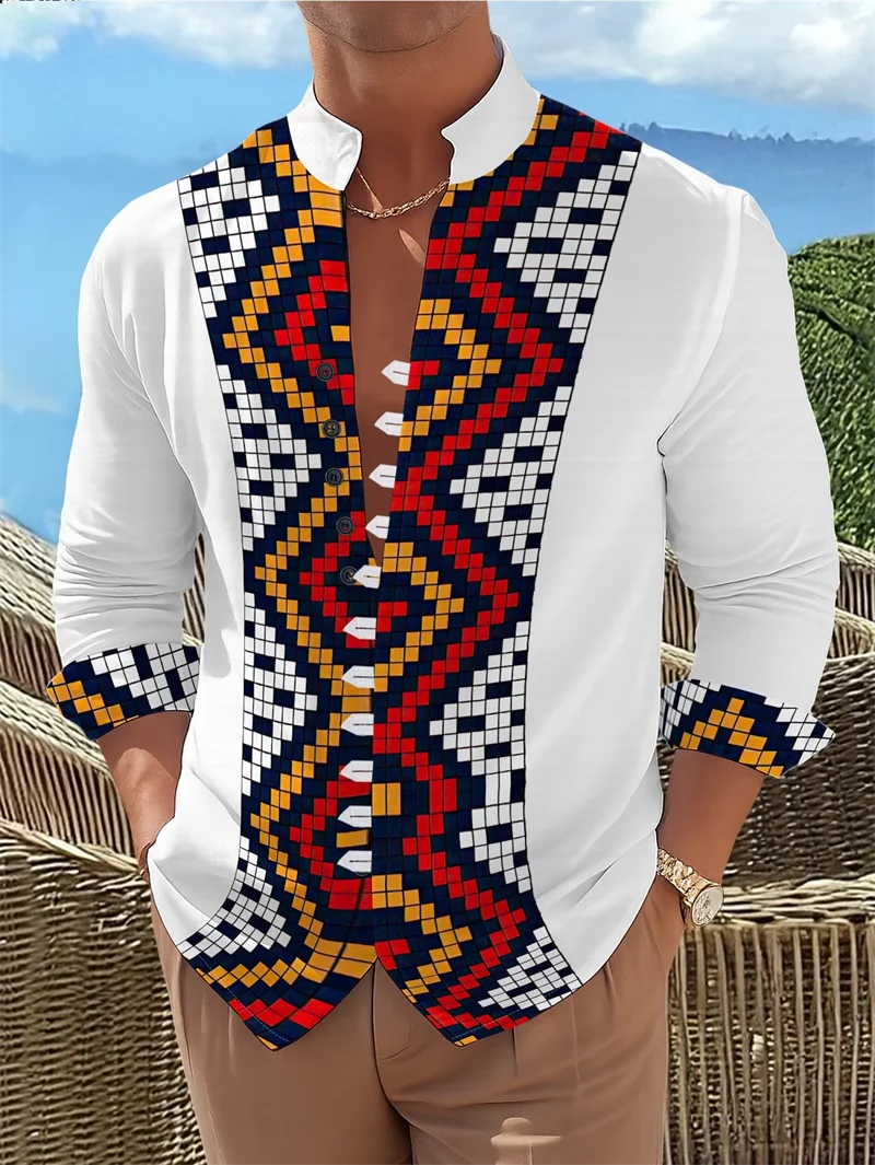 New Ethnic Style Geometric Grid Men's Long Sleeved Shirt 3D Printed Stand Up Collar Buckle Casual Shirt
