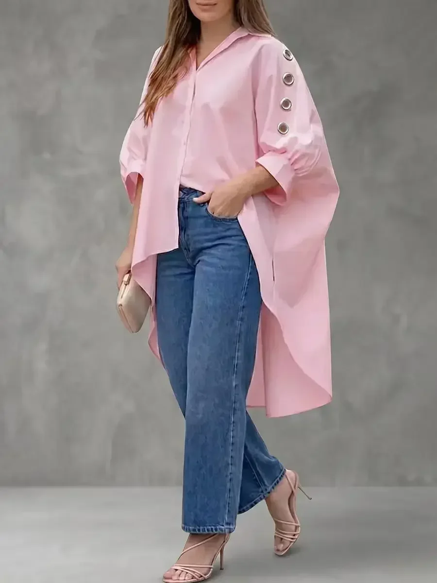 Casual Women Loose Long Tunic Shirt Lapel Collar Lantern Sleeve Metal Button Irregular Hem Top