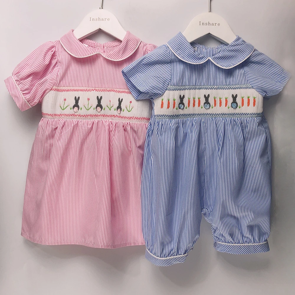 Children Boutique Clothing Summer Short Sleeve Boys and Girls Baby Striped Romper Handmade Smocked Rabbit Embroidery Cute Outfit