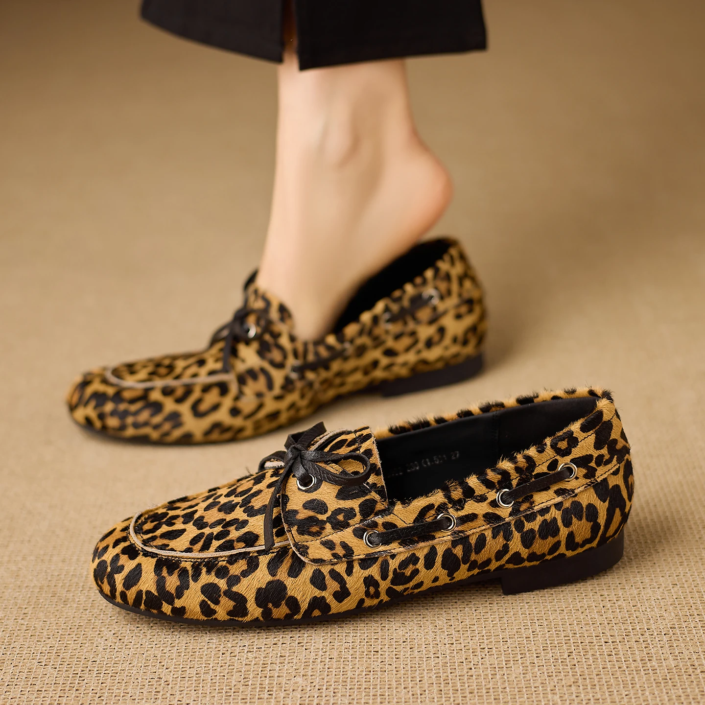 

Genuine Leather Loafers For Women Round Toed Lace Up Leopard Print Women Shoes Work Flats