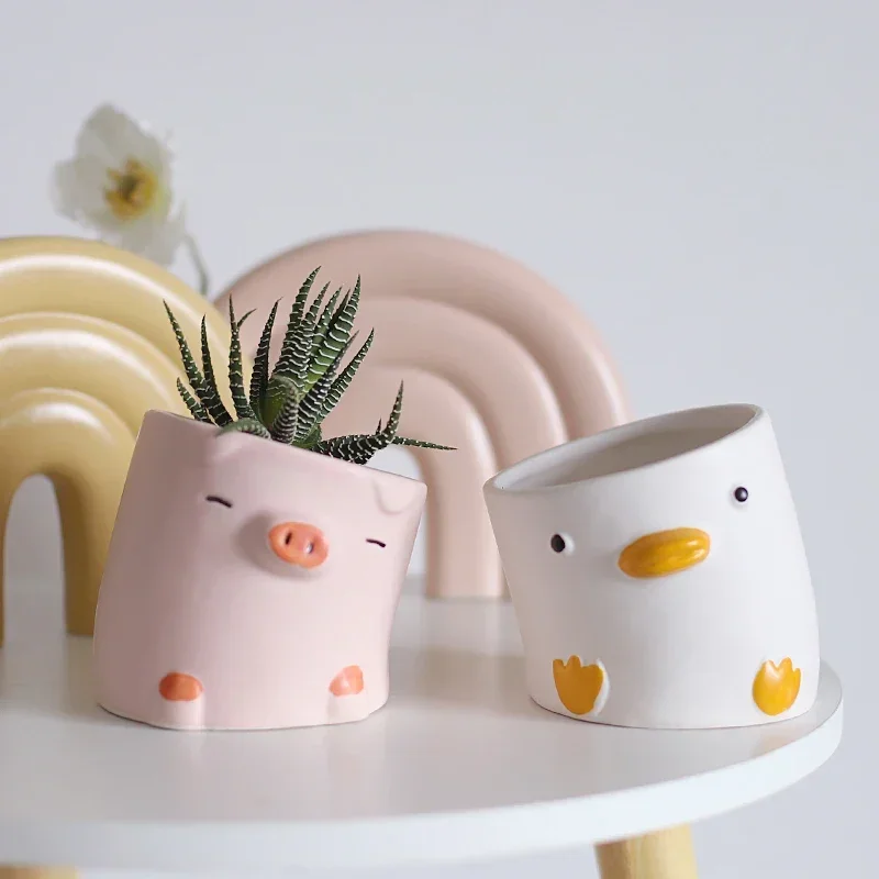 Animal Flower Pot Desktop Balcony Succulent Plant Planting Decoration Creative Crooked Duck and Pig Ceramic Flower Pot