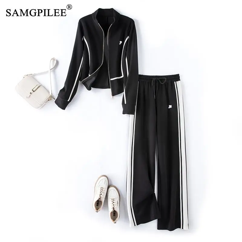 

European Station 2023 Spring Stand Collar Contrast Stripe Stitching Jacket Wide-leg Pants Two-piece Sports Women's Tracksuit 4XL