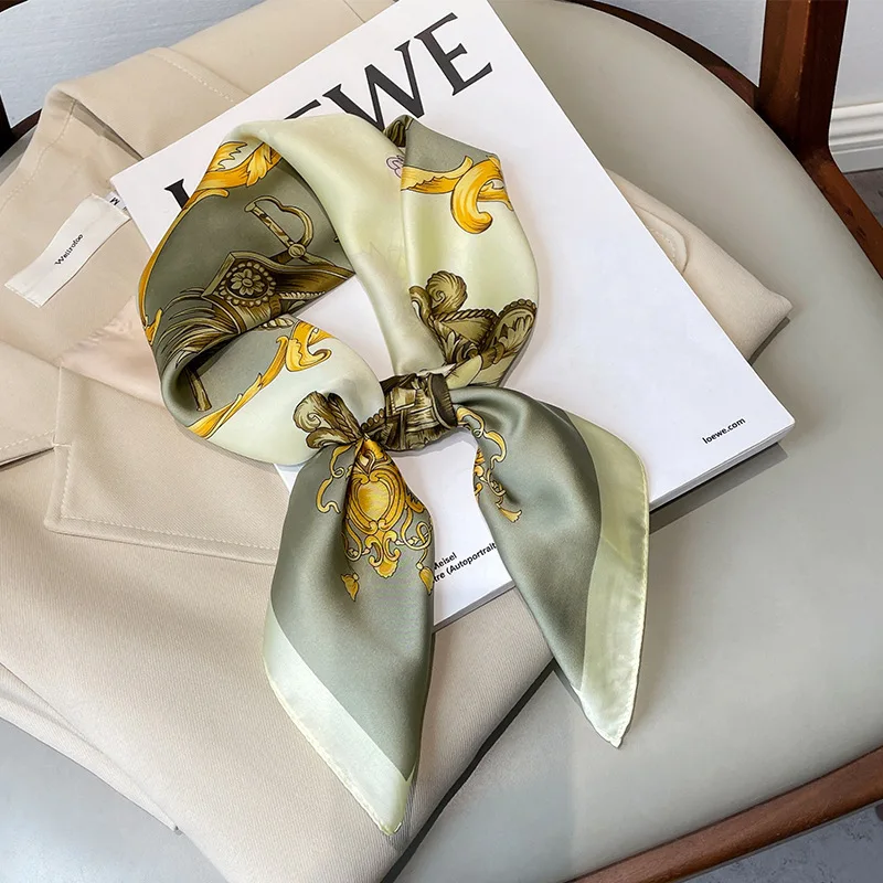 

Элегантный зеленый женский шелковый шарф 70*70 см для волос на шею, брендовая офисная бандана, глушитель, носовой платок для официанта, кольца