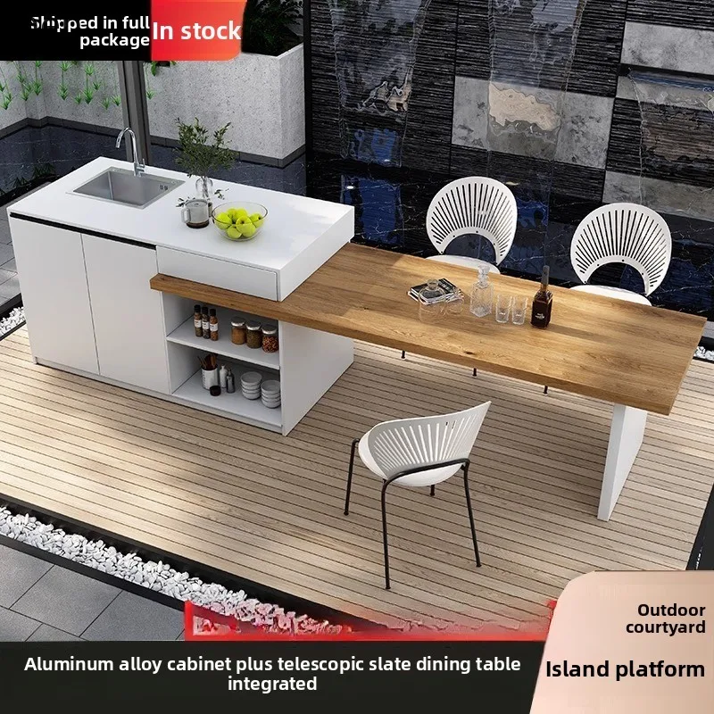 

LXC Outdoor Island Table with Rock Board Dining Table Integrated Extendable Bar Counter Operation Table with Sink Guide Cabinet