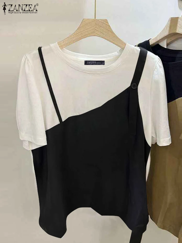 

Women Blouse Summer Tops Sleeve Vintage Patchwork Blusas O Neck Tunics 2025 ZANZEA Casual Spliced Pullovers Fake 2pcs