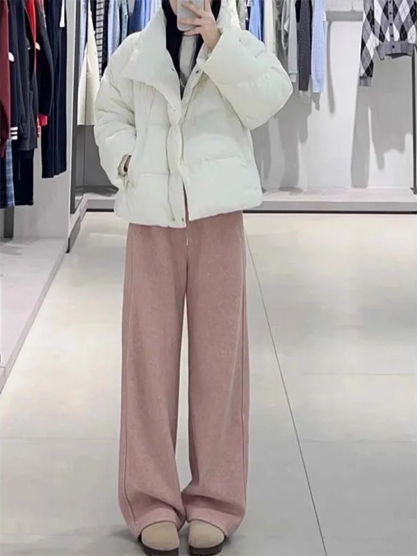 Pantaloni a gamba dritta da donna retrò americano rosa Thiened Fce autunno inverno caldo dimagrante confortevole elastico in vita lungo Tr...