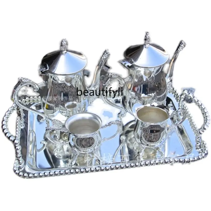 

yj European High-End Classic Silver Coffee Pot Set Five-Piece Set Decorative Crafts