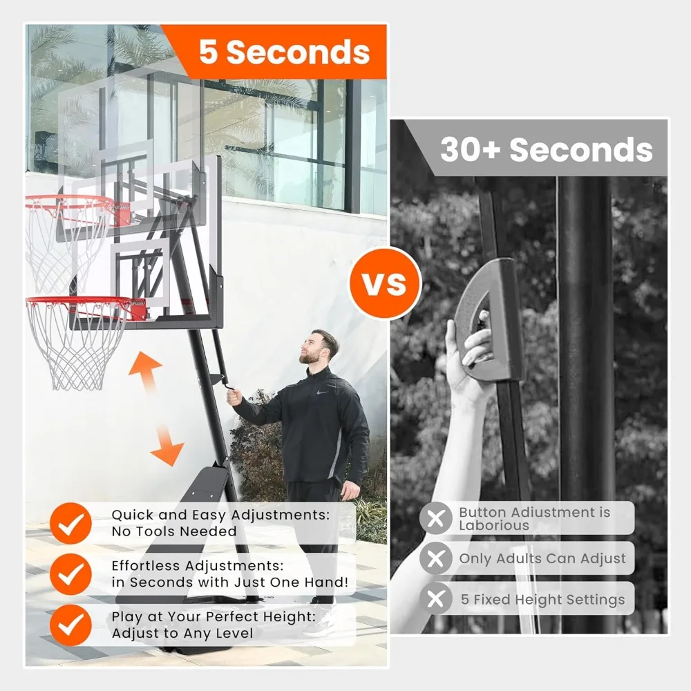 Баскетбольная система для уличного баскетбола с регулируемой высотой и высотой 10 футов, щит со стальной рамой 45–48 дюймов, портативные ворота