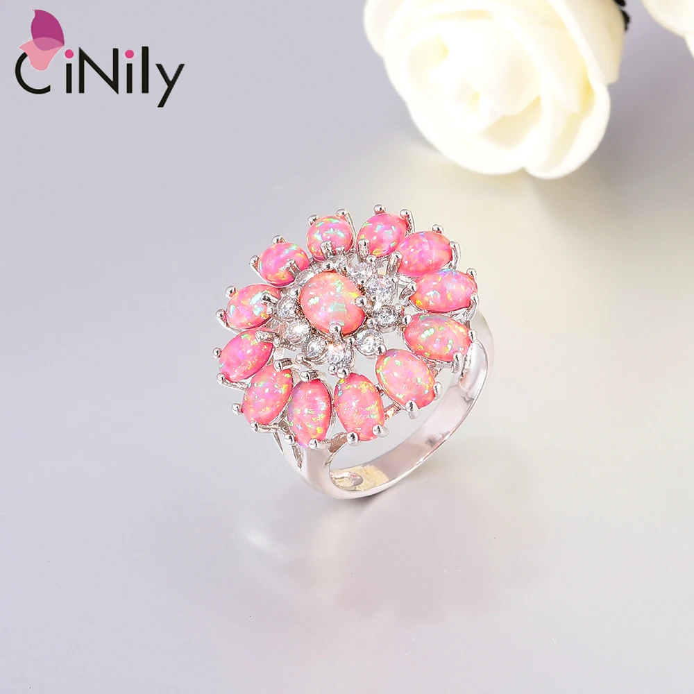 CiNily Created Pink Fire Opal Rings With Cubic Zirconia Silver Plated Big Stone Ring for Women Jewelry Size 6 7 8 9 OJ6381