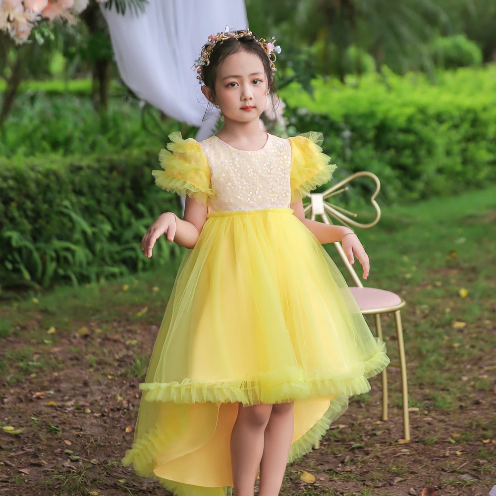 8608 Yellow Flower Girl Trailing Bridesmaid Wedding Dress Child Piano Performance Dress is suitable for Kid Party Wear