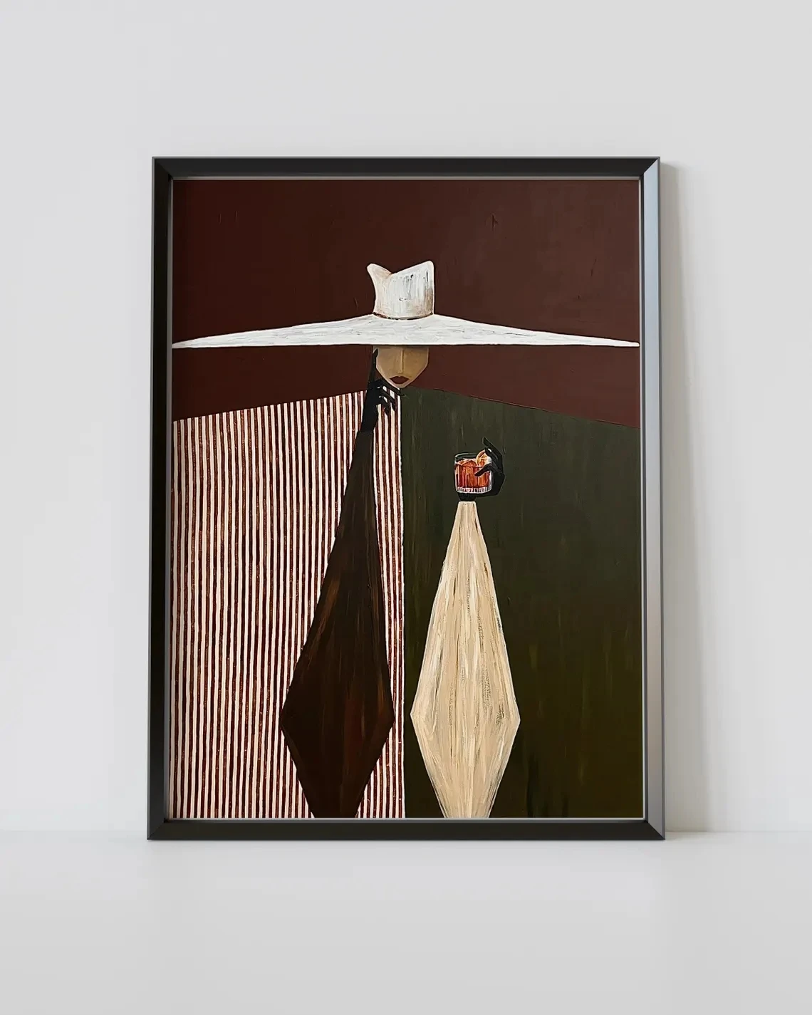 Image of Minimalistische Frau mit weißem Hut Leinwanddrucke Moderne Figurative Wandkunst Stilvolle Cocktail-Illustration Zeitgenössische Mode-Positur