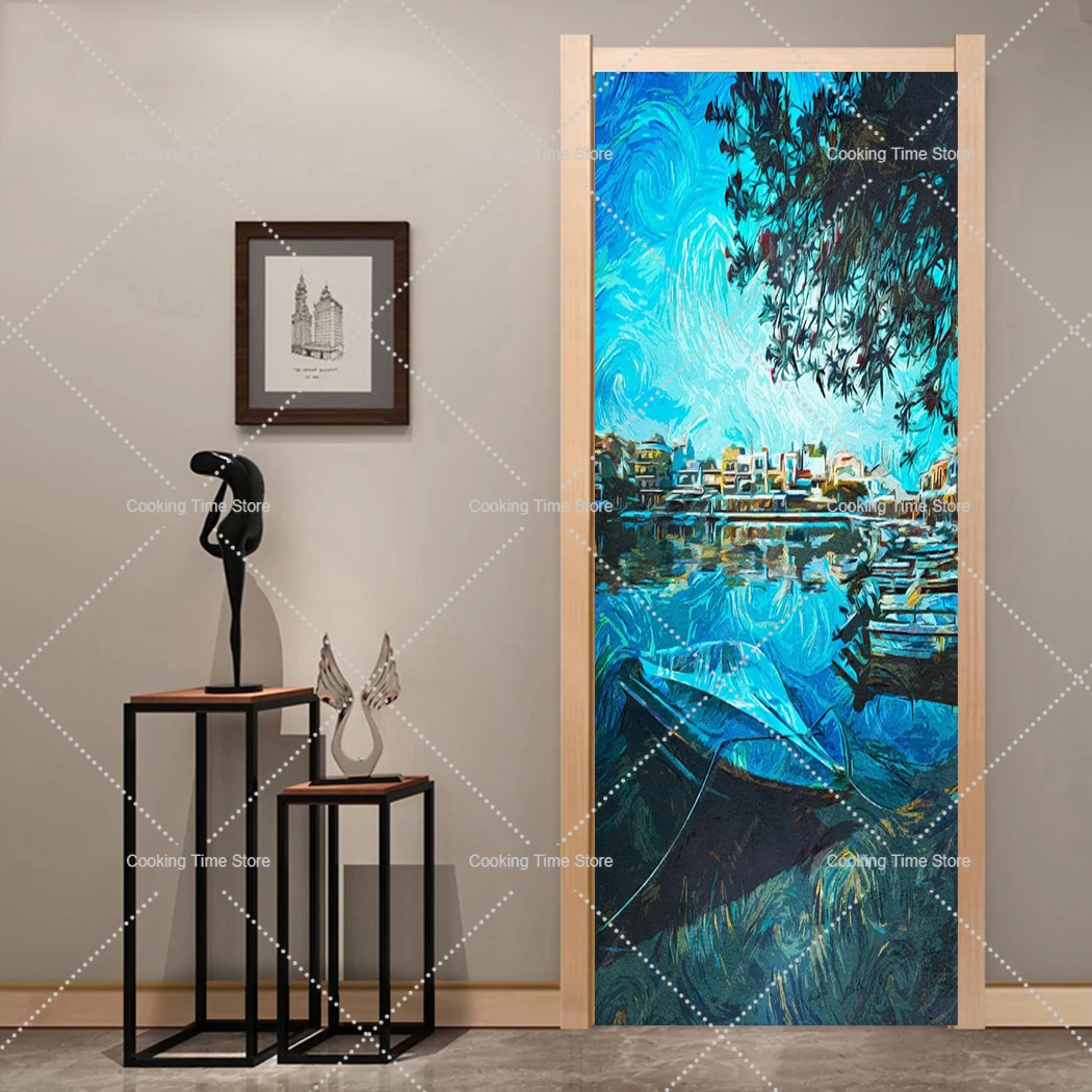 Retro Oil Painting Theme 3D Door Stickers Removable Peel and Stick Flowers Door Wallpaper Self-Adhesive Decor Wall Mural Decals