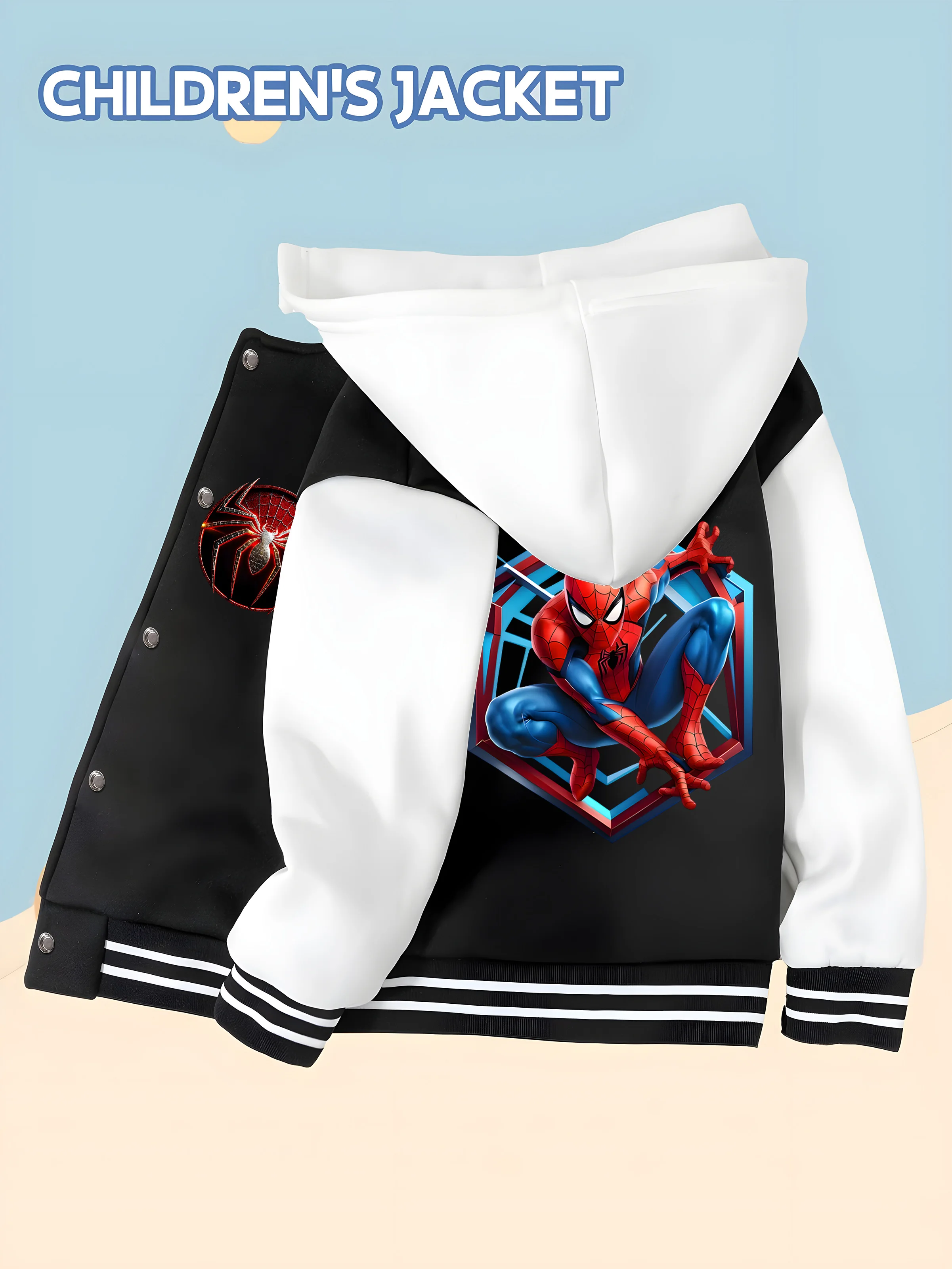 

MINISO Marvel Boys Baseball Jacket - Spider-Man Tech Armor with Metal Spider Logo on the Front, Comfortable Fabric and Trendy De