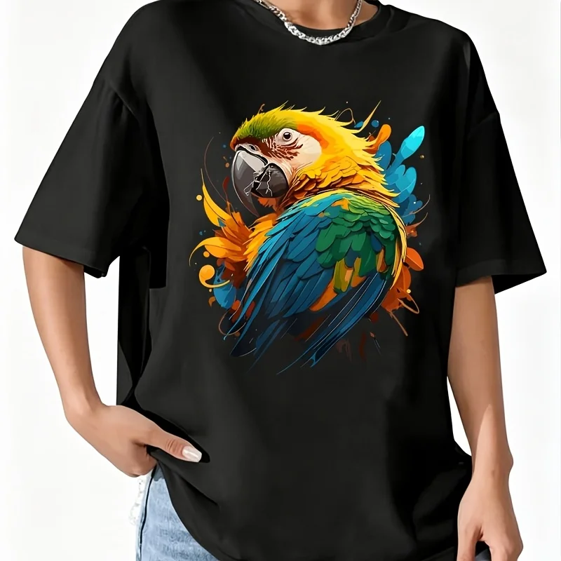 And Watercolor Parrot Colorful Macaw Women's 100% Cotton T-Shirt Short Sleeve Top Casual Round Neck Fun Print Tee S-5Xl