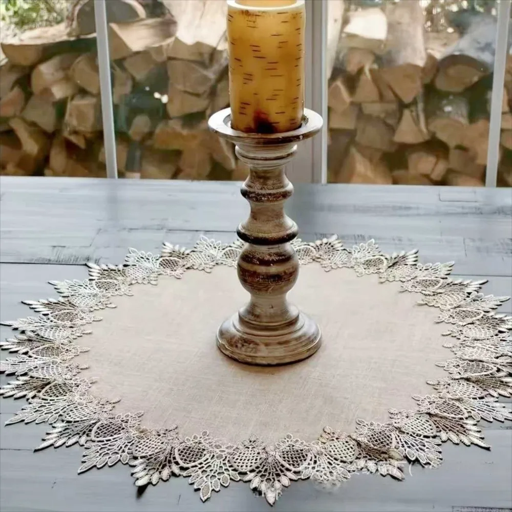 Lace Trim Dinning Table Cover European Linen-colored Round Table Cloth Hollow Napkin Doily Coffee Coaster Placemat