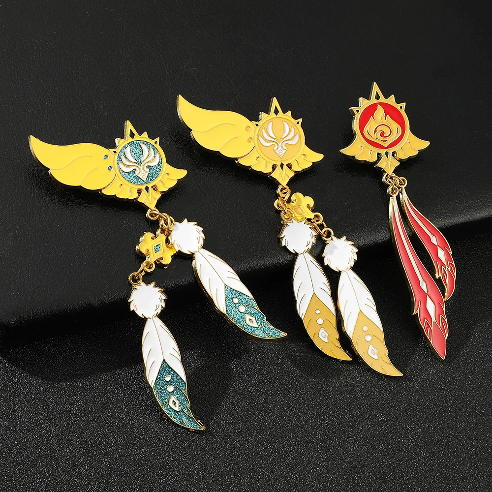 Game Genshin Impact Brooch Anime Cartoon Props Wind Fire Element Enamel Badge Feather Tassel Brooch Jewelry Accessories Gifts