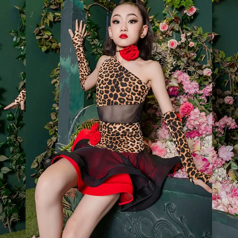 Summer new children\'s network red Latin children practice performance leopard print performance dress girls practice training dr