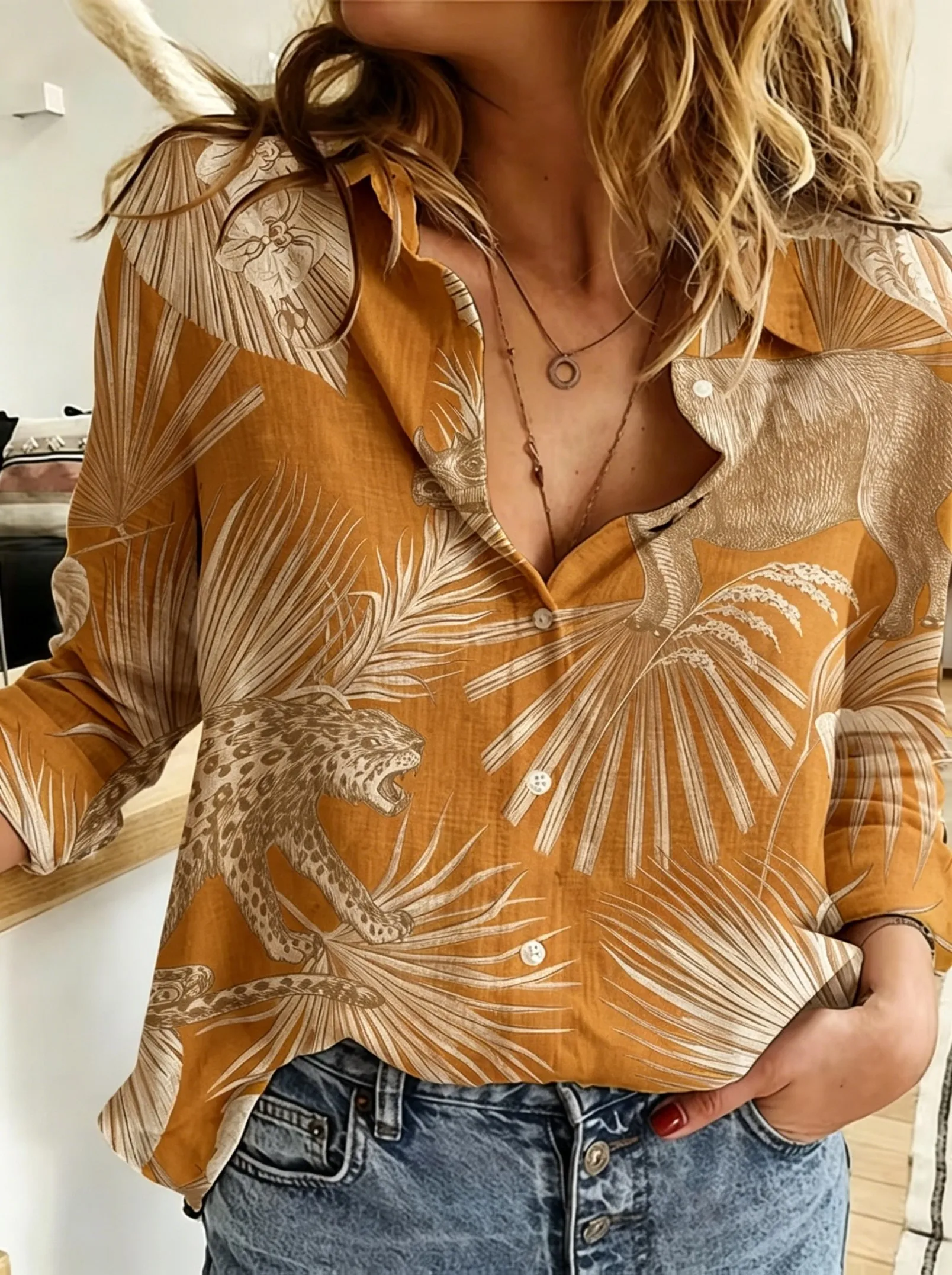 

Women's Spring Summer Jungle Leopard Palm Leaf Print Button Down Collared Shirt, Casual Daily Printed Blouse