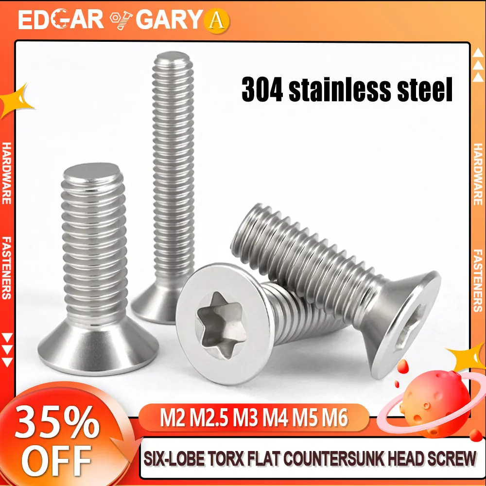 M2 M2.5 M3 M4 M5 M6 304 Stainless Steel A2-70 GB2673 Six-Lobe Torx Flat Countersunk Head Screw Bolt Machine Screws 5pcs-155pcs