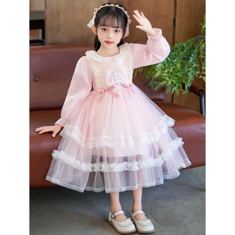 

2024Girls' Autumn Sweet Embroidery Princess Dress Western Style Lolita Tulle Tutu Dress