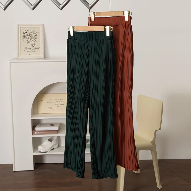High Waist Pleated Chiffon  Color Straight Leg Loose Fit Long Pants Casual Trousers for Women Ele Draped Sle