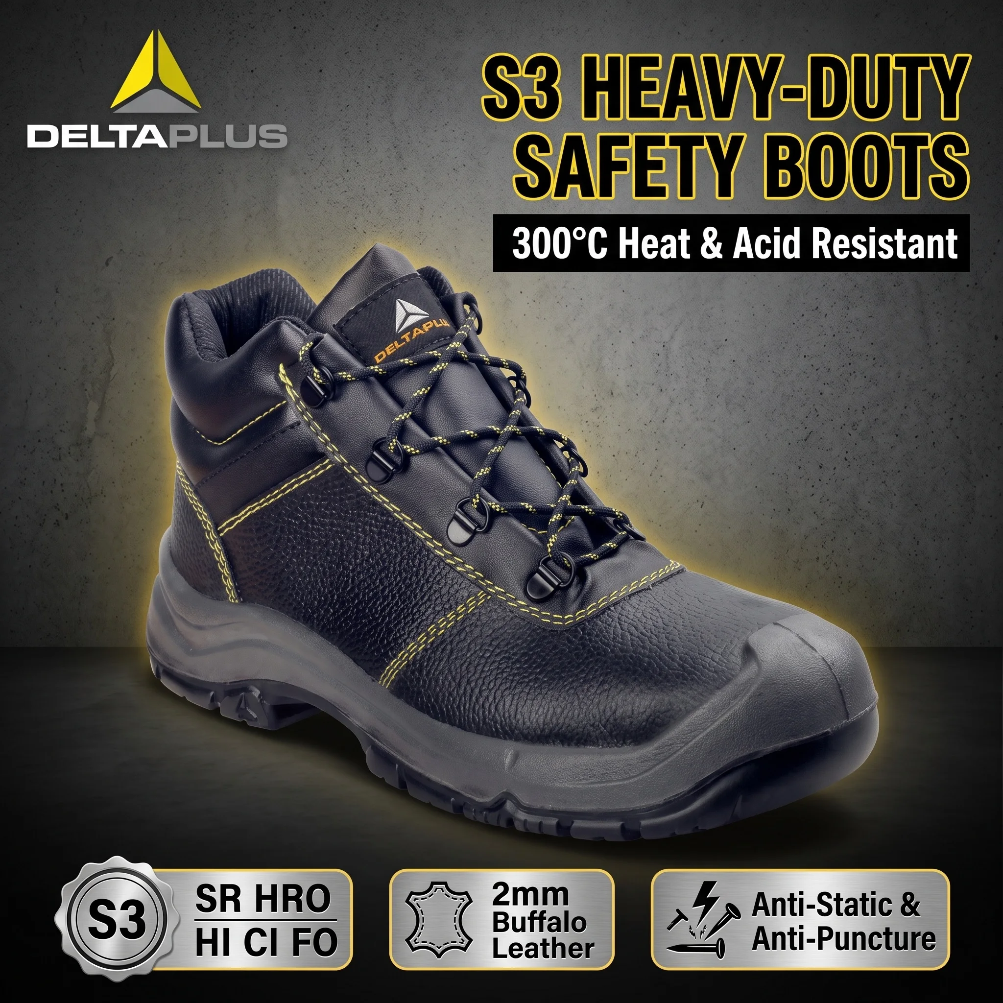 Work Boots for Man Steel Toe High Top Leather Safety Shoes Non Slip Heat Resistant Heavy Duty Rubber Sole Industrial Protective