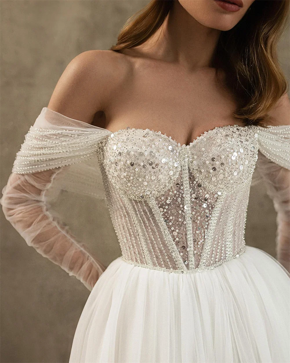 Robe de mariée Sexy, épaules dénudées, manches longues, chérie, perles scintillantes, personnalisée, élégante, ligne a