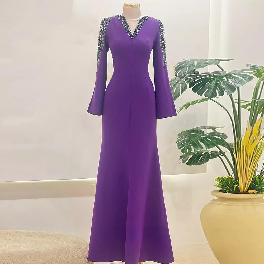 فستان سهرة أرجواني مخصص بياقة على شكل V وأكمام طويلة وحجر الراين فستان حفلات حورية البحر كريستال فاخر فساتين حفلات عربية سعودية