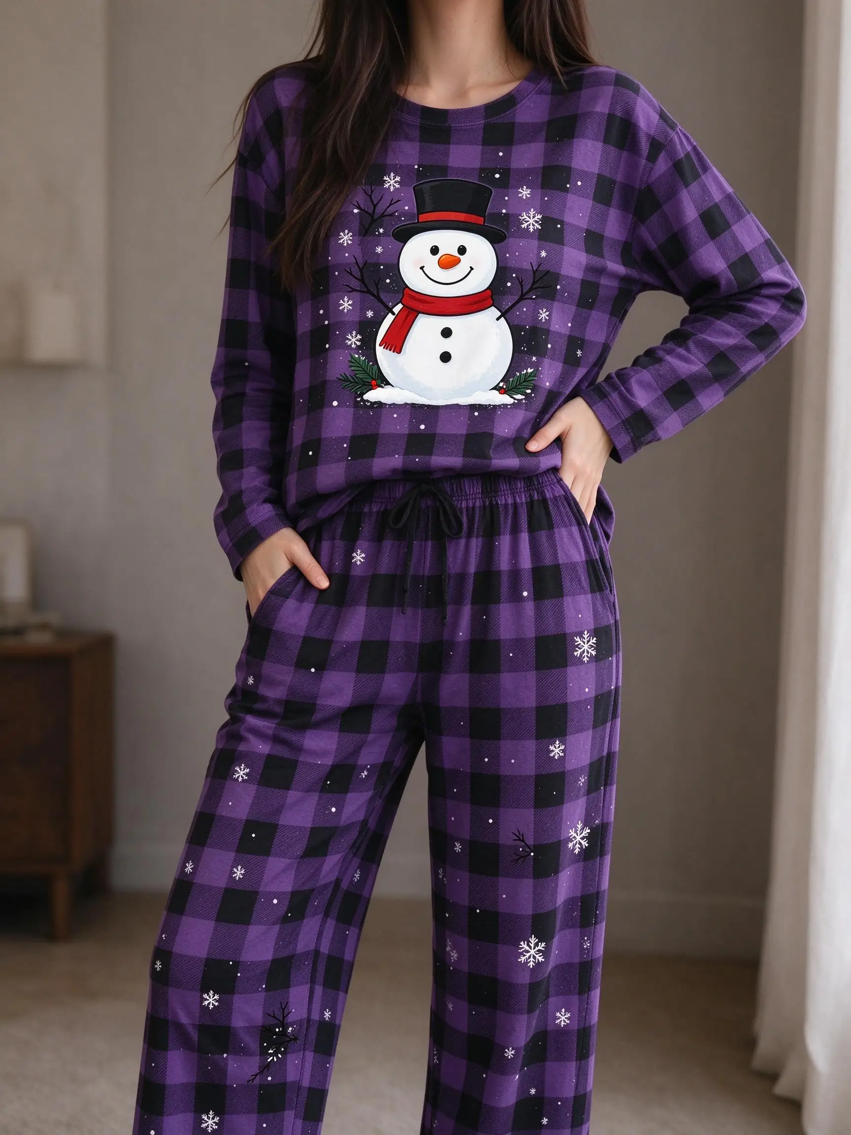 Women Imitation Cotton Loungewear Set Christmas Purple Black Buffalo Plaid Snowman Snowflake Print Long Sleeve Wide Leg Pajamas